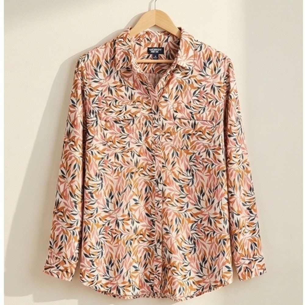 Lands End‎ Womens 1X Linen Button Down Shirt Floral Leaf Print Pink Tan Tropical